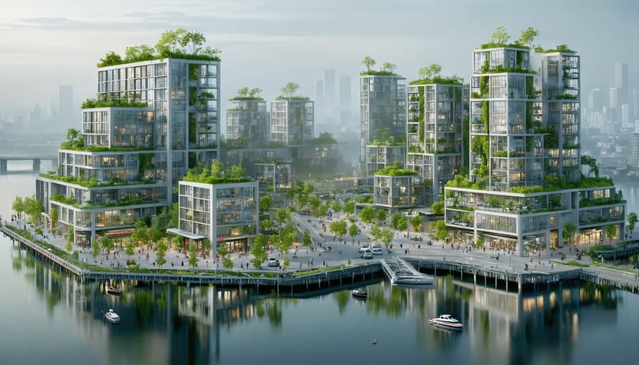 "Innovative urban redevelopment transforming an industrial area into a thriving mixed-use district with high-rise buildings, green infrastructure, and vibrant public spaces."
