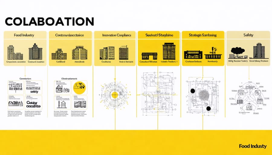 An infographic representing the collaboration between food industry associations and construction standards, showcasing logos, building schematics, and food safety symbols to highlight innovation and compliance in food facility design.