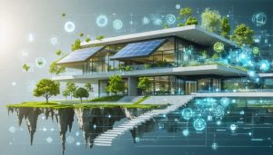 Conceptual illustration depicting sustainable construction innovations with elements like self-healing concrete, transparent solar panels, and AI-powered management systems.