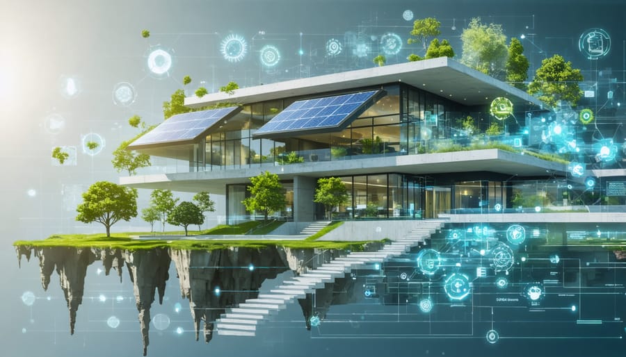 Conceptual illustration depicting sustainable construction innovations with elements like self-healing concrete, transparent solar panels, and AI-powered management systems.