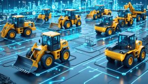 Illustration depicting a modern construction site with electric vehicles connected to smart charging stations, showing energy flow between the vehicles and the power grid, symbolizing vehicle-grid integration.