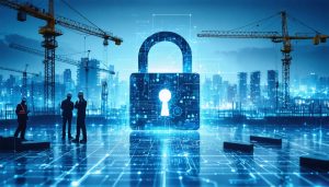 A conceptual image showing a digital lock and network lines overlaying a construction blueprint, symbolizing the integration of data privacy measures in Virginia's construction industry.