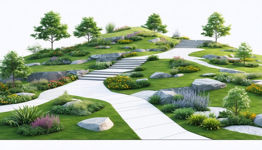 Computer-generated 3D model of a landscape architecture project with detailed topography and vegetation