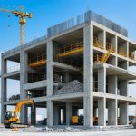 A large industrial 3D printer at a construction site, actively building the walls of a new structure with concrete layers, emphasizing the blend of modern technology and traditional construction methods.