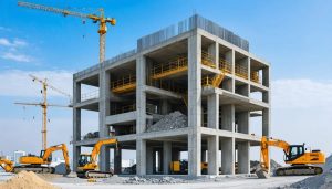 A large industrial 3D printer at a construction site, actively building the walls of a new structure with concrete layers, emphasizing the blend of modern technology and traditional construction methods.
