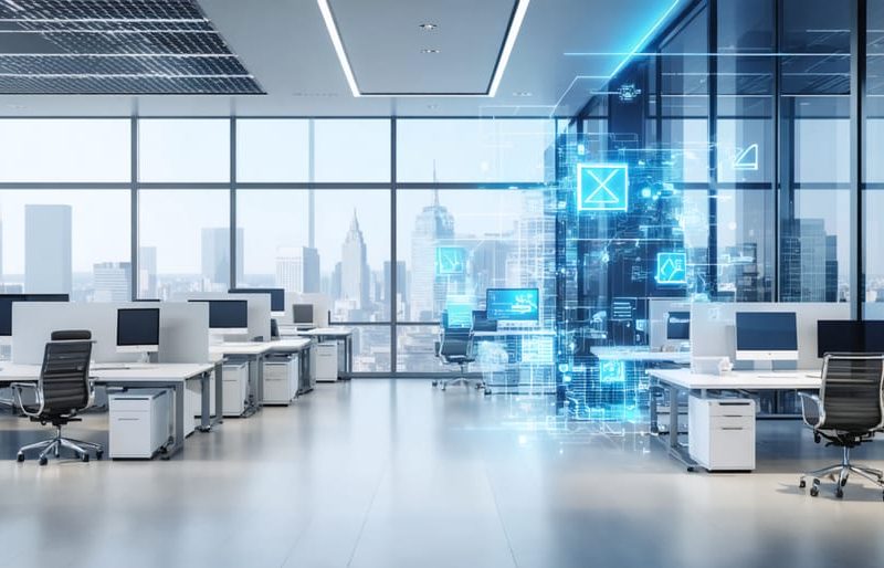 A comparison of a traditional fixed office layout with a modern adaptive workspace, showcasing movable partitions, flexible furniture, and smart technology, symbolizing the transformation and flexibility of adaptive design in architecture.