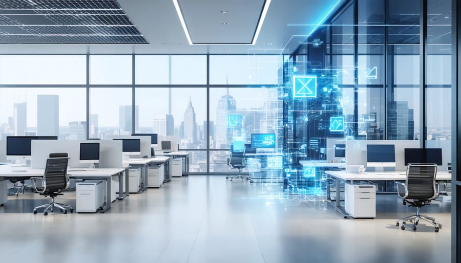 A comparison of a traditional fixed office layout with a modern adaptive workspace, showcasing movable partitions, flexible furniture, and smart technology, symbolizing the transformation and flexibility of adaptive design in architecture.