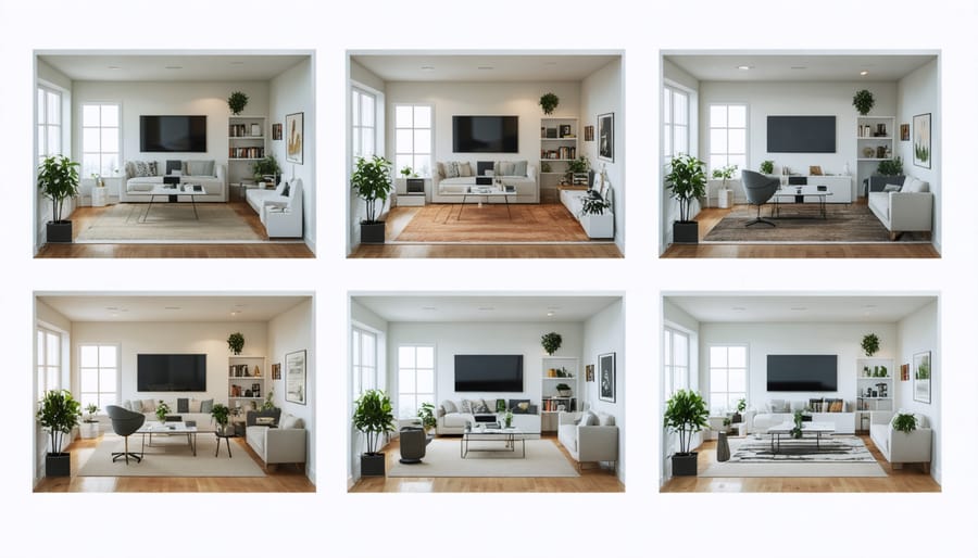 Sequential images of a modular room adapting to different functional requirements