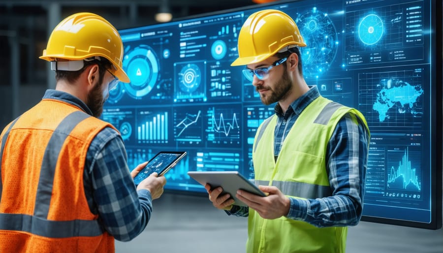 Construction professionals using AI technology for project monitoring and management on site