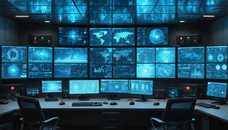 Modern control room with AI-driven smart grid monitoring systems and multiple data screens