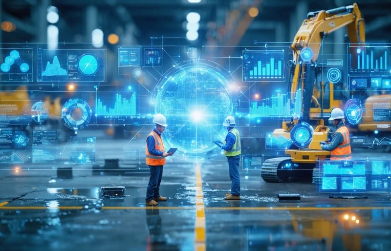 Illustration showing the integration of traditional Gantt charts and agile kanban boards in construction management with AI analytics enhancing workflow on a modern construction site.