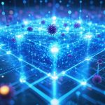 A digital illustration of a network protected by AI-powered defense systems, featuring a glowing core surrounded by a holographic grid with cyber threats hovering outside.