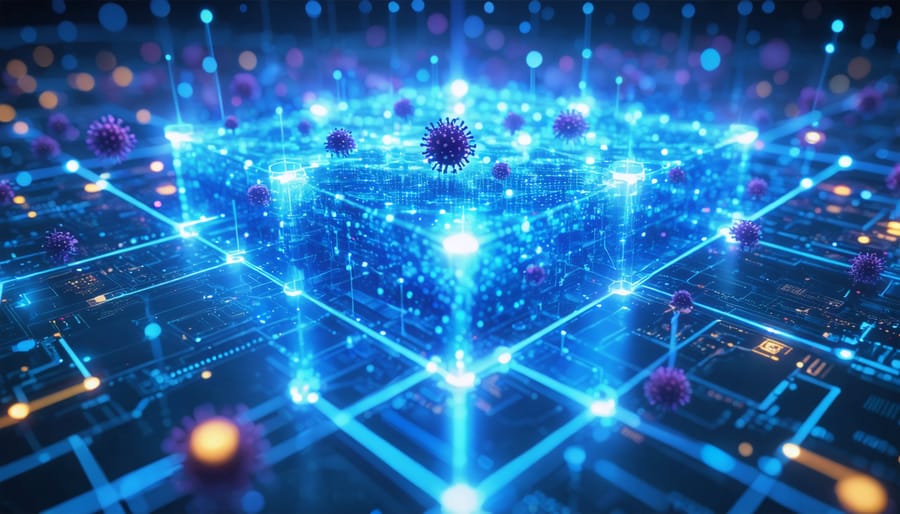 A digital illustration of a network protected by AI-powered defense systems, featuring a glowing core surrounded by a holographic grid with cyber threats hovering outside.