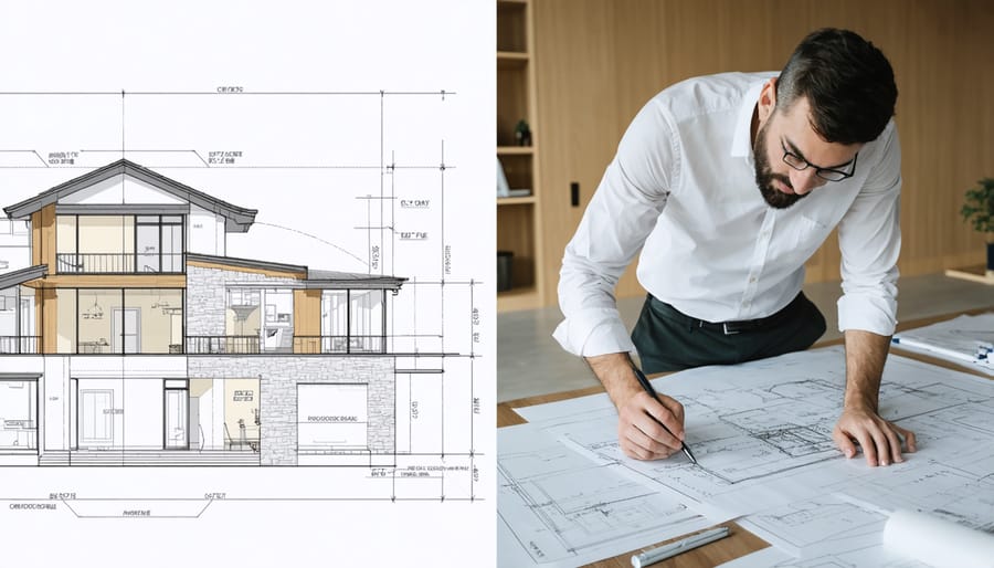 Side-by-side comparison of architect reviewing structural plans versus interior designer working with material samples