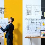 Split image showing an architect working with blueprints on one side and an interior designer with material samples on the other, highlighting their distinct yet interconnected roles.