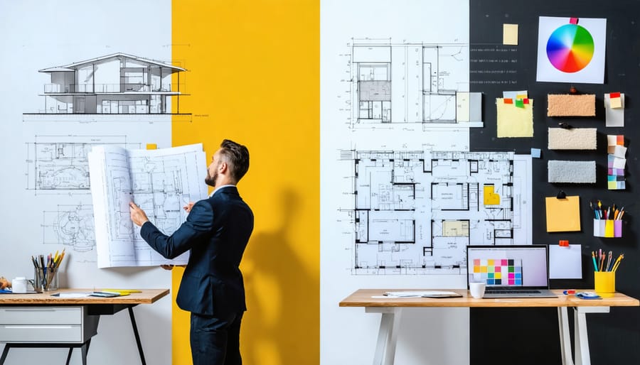 Split image showing an architect working with blueprints on one side and an interior designer with material samples on the other, highlighting their distinct yet interconnected roles.