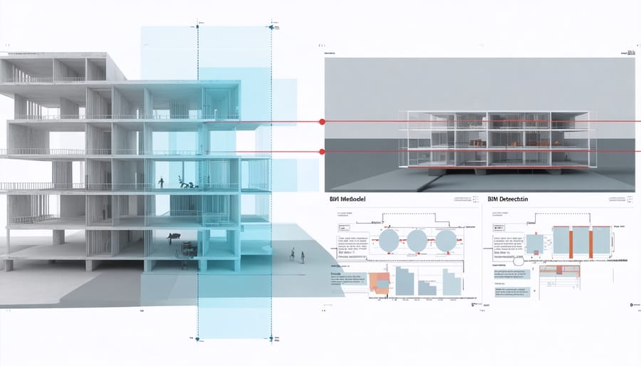 Side-by-side comparison of virtual BIM model highlighting construction conflicts through AR overlay