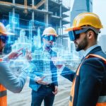 Construction site with AR overlay showing holographic 3D BIM models, viewed through AR glasses by construction professionals, symbolizing the integration of digital and physical realms in modern construction.