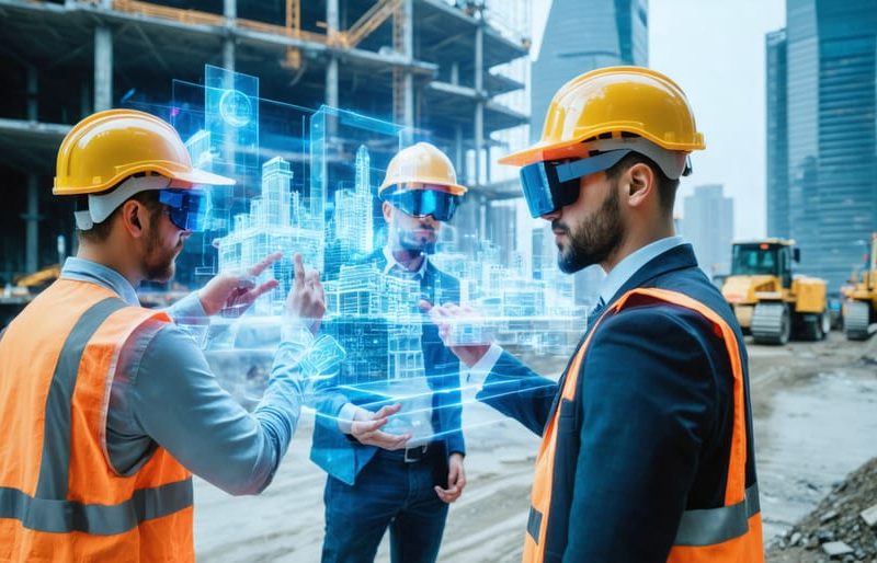 Construction site with AR overlay showing holographic 3D BIM models, viewed through AR glasses by construction professionals, symbolizing the integration of digital and physical realms in modern construction.