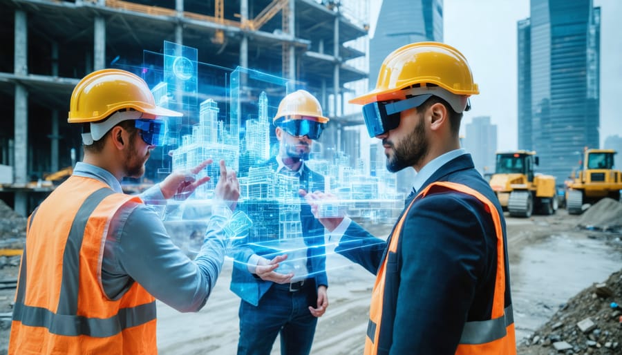 Construction site with AR overlay showing holographic 3D BIM models, viewed through AR glasses by construction professionals, symbolizing the integration of digital and physical realms in modern construction.