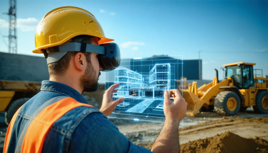 Construction professional wearing AR glasses viewing holographic BIM model against actual building structure