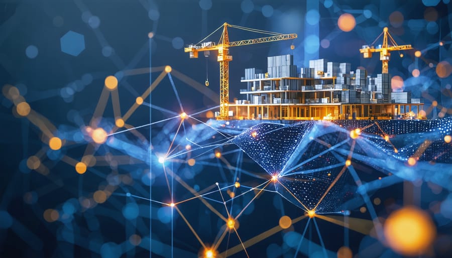 Digital illustration showing blockchain technology integration with construction project finance