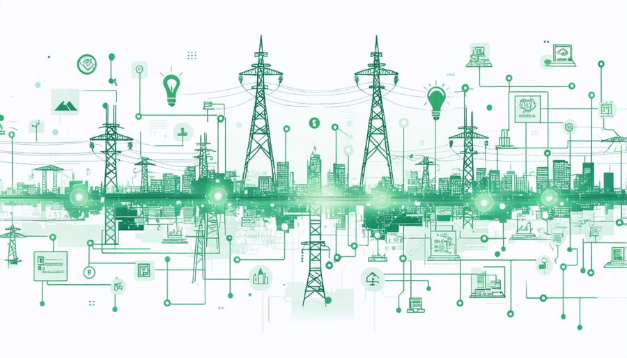 Digital representation of a smart city power grid with blockchain nodes and highlighted security risk areas