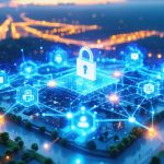 Digital representation of a construction site enveloped by a blockchain network, symbolizing enhanced infrastructure security through cryptocurrency technology.