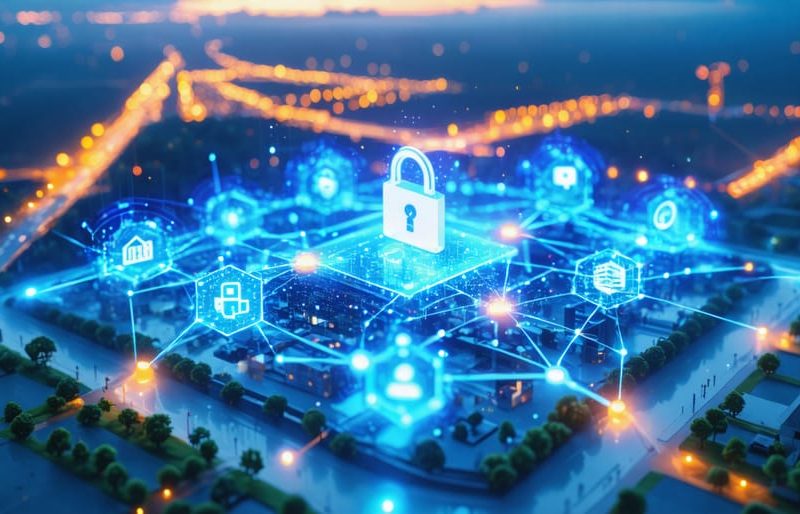 Digital representation of a construction site enveloped by a blockchain network, symbolizing enhanced infrastructure security through cryptocurrency technology.