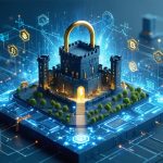 Conceptual illustration showing digital fortress representing blockchain infrastructure under attack, with abstract representations of smart contracts, consensus mechanisms, and private key management being targeted by cyber threats.