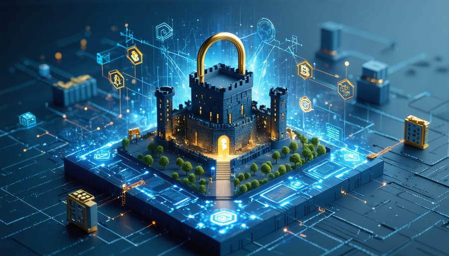 Conceptual illustration showing digital fortress representing blockchain infrastructure under attack, with abstract representations of smart contracts, consensus mechanisms, and private key management being targeted by cyber threats.