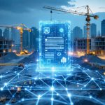 Illustration of a smart contract integrated with a construction site, displaying blockchain connections and modern construction elements like cranes and skyscrapers.