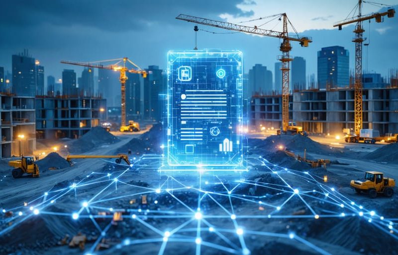 Illustration of a smart contract integrated with a construction site, displaying blockchain connections and modern construction elements like cranes and skyscrapers.