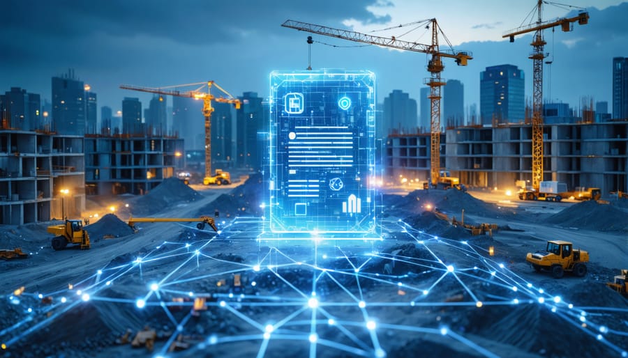 Illustration of a smart contract integrated with a construction site, displaying blockchain connections and modern construction elements like cranes and skyscrapers.
