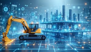 Conceptual illustration of advanced construction technologies, including a digital twin interface, autonomous equipment, and 3D printing, depicting innovative building methods with AI and IoT integration.