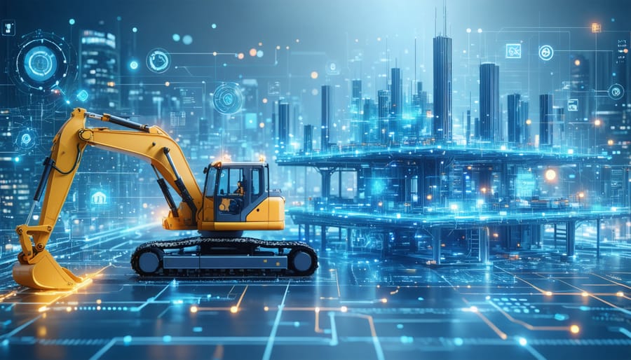 Conceptual illustration of advanced construction technologies, including a digital twin interface, autonomous equipment, and 3D printing, depicting innovative building methods with AI and IoT integration.