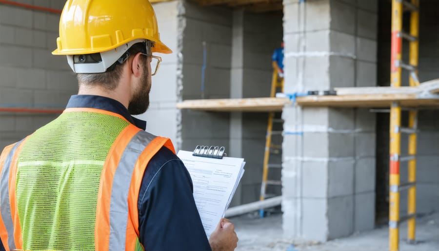 Building inspector reviewing safety standards and code compliance on construction site
