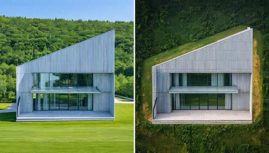 Side-by-side comparison showing the harmonious integration of architecture and natural landscaping