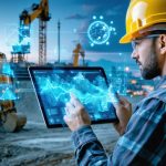 A modern construction site with digital overlays of climate data and predictive analytics, showcasing the integration of technology in climate risk modeling. A construction worker is using a tablet displaying a 3D model, signifying advanced climate adaptation strategies.