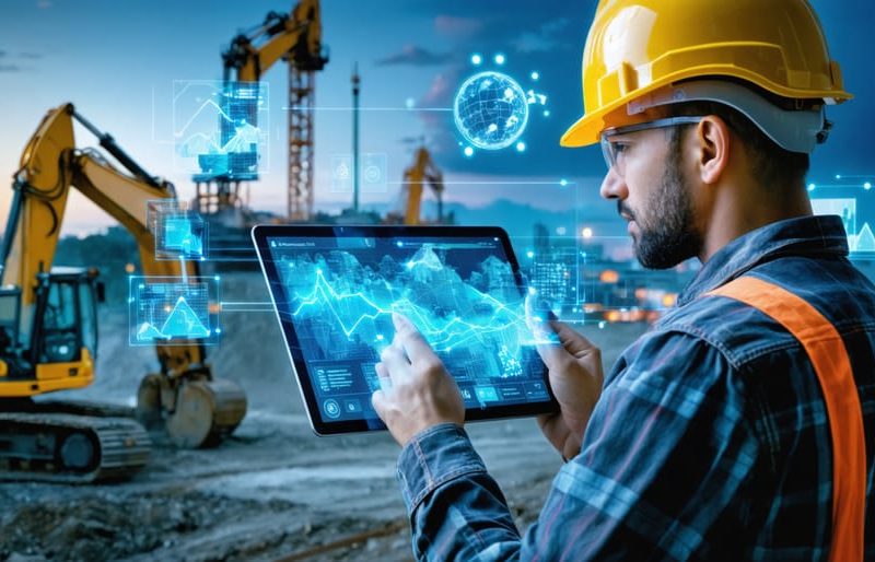 A modern construction site with digital overlays of climate data and predictive analytics, showcasing the integration of technology in climate risk modeling. A construction worker is using a tablet displaying a 3D model, signifying advanced climate adaptation strategies.