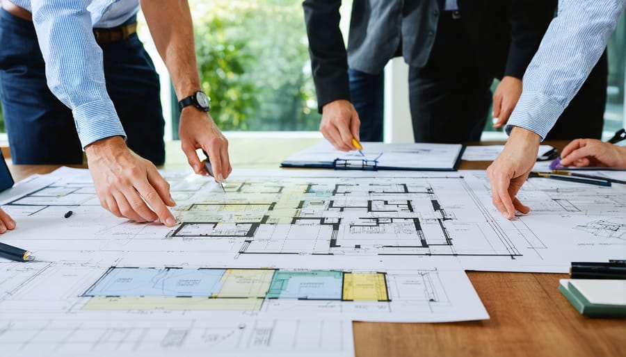 Team of architects and interior designers working together on a commercial project
