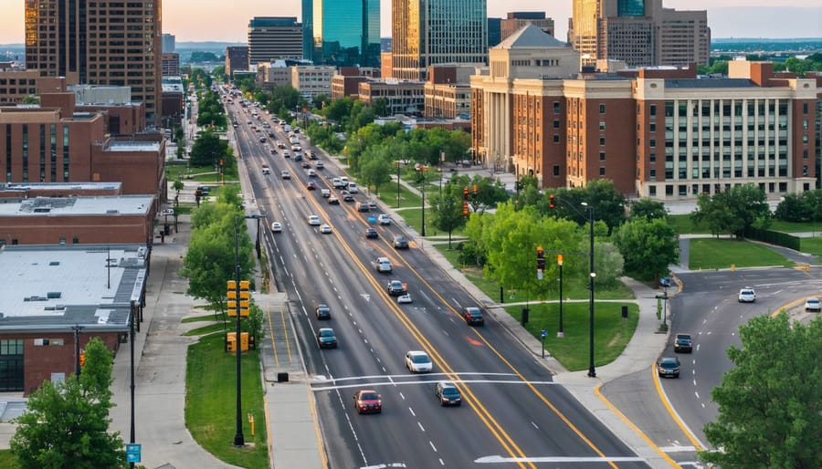 Bird's eye view of Columbus downtown showing integrated smart city technology systems