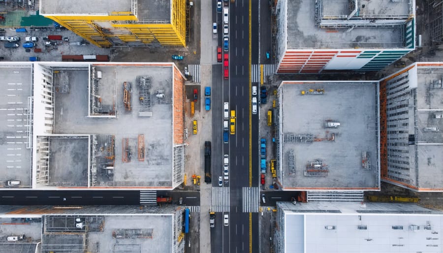 Bird's eye view of commercial construction site with digital cost tracking overlay