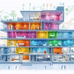 Conceptual architectural rendering highlighting advanced fire safety systems in a modern building, showcasing interconnected alarms, fire detection systems, and evacuation protocols.