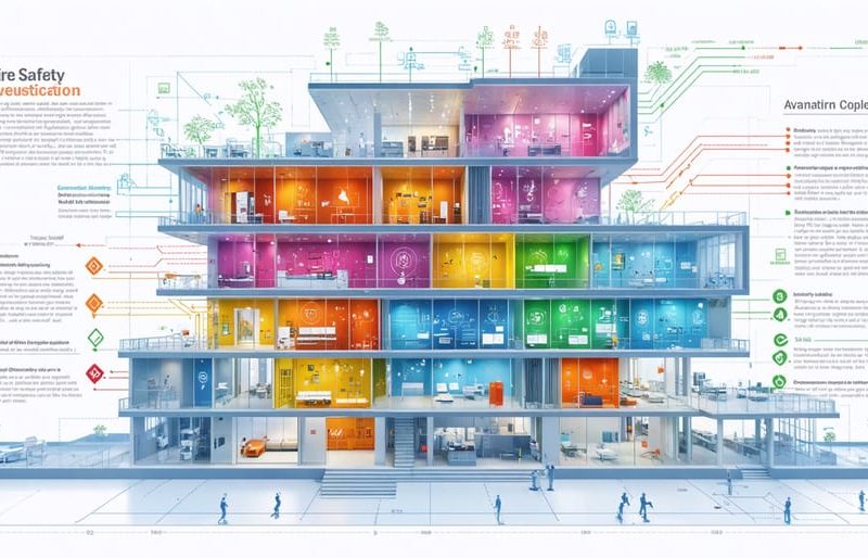 Conceptual architectural rendering highlighting advanced fire safety systems in a modern building, showcasing interconnected alarms, fire detection systems, and evacuation protocols.