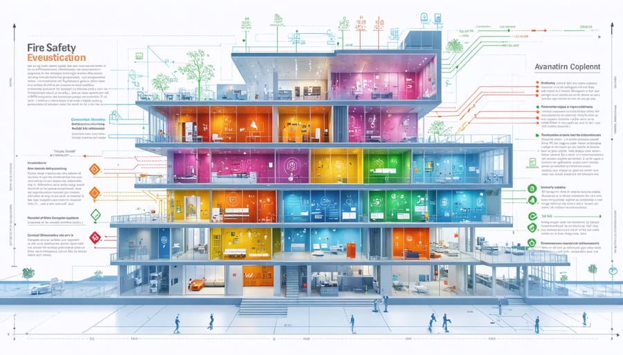 Conceptual architectural rendering highlighting advanced fire safety systems in a modern building, showcasing interconnected alarms, fire detection systems, and evacuation protocols.