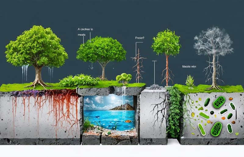 Illustration depicting concrete degradation processes through chemical, physical, and biological factors, along with sustainable innovations like biodegradable and recyclable concrete solutions.