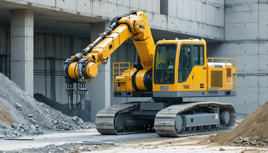 Large-scale 3D printing robot creating concrete walls for a building structure