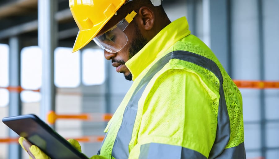 Construction supervisor in hard hat and safety vest using digital compliance tracking system on job site
