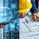 A split-screen image highlighting modern digital procurement methods alongside traditional paper-based processes, illustrating the transformation of construction project management.